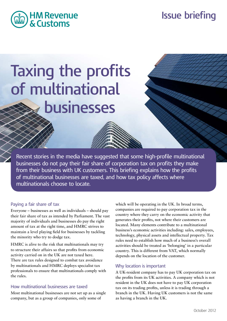 HMRC Briefing - Taxing the profits of multinational businesses