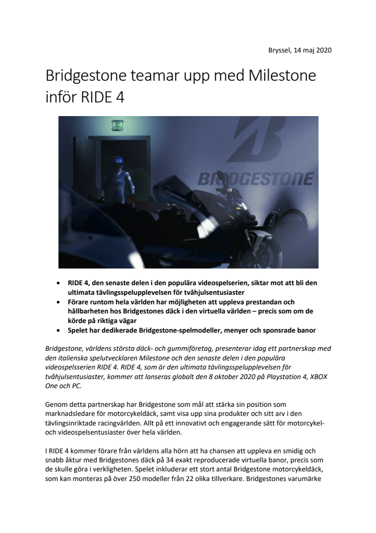 Bridgestone teamar upp med Milestone inför RIDE 4