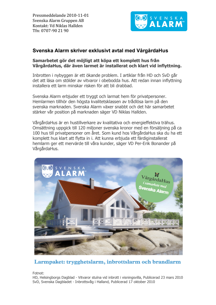 Svenska Alarm skriver exklusivt avtal med VårgårdaHus