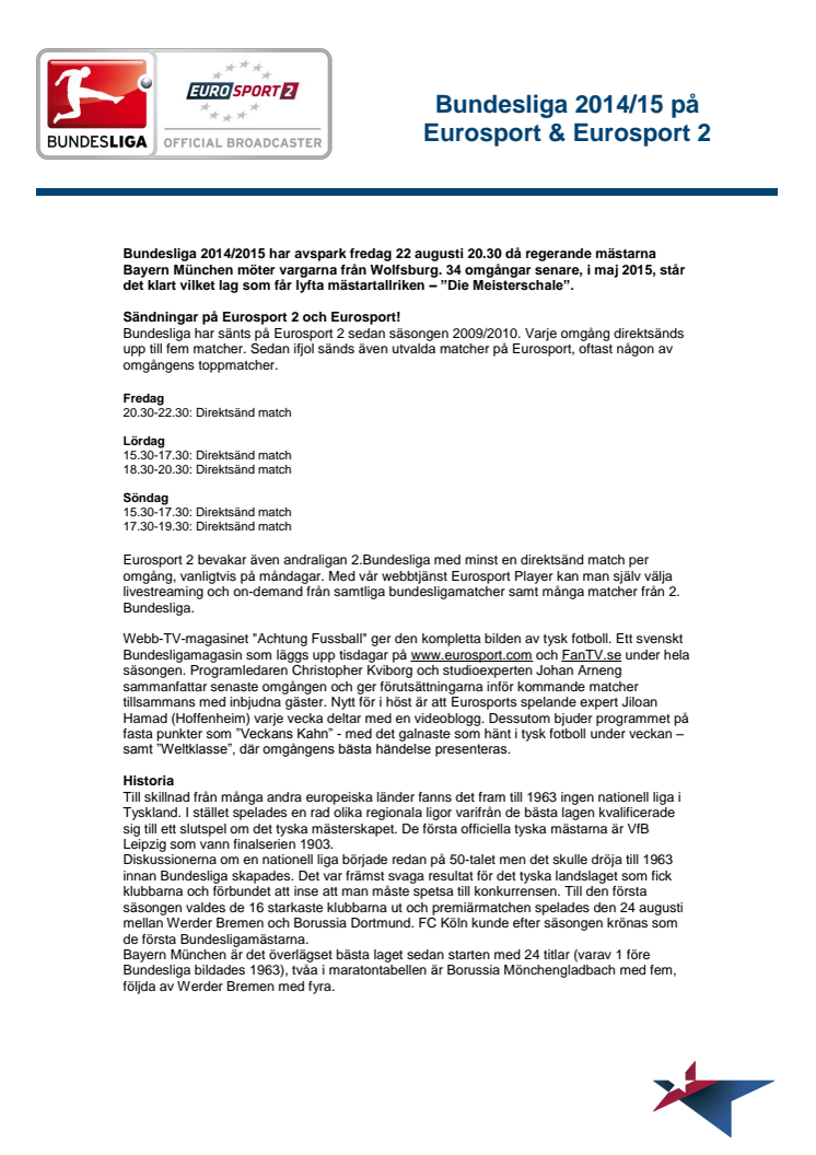 Pressinfo Bundesliga 2014-15 på Eurosports kanaler
