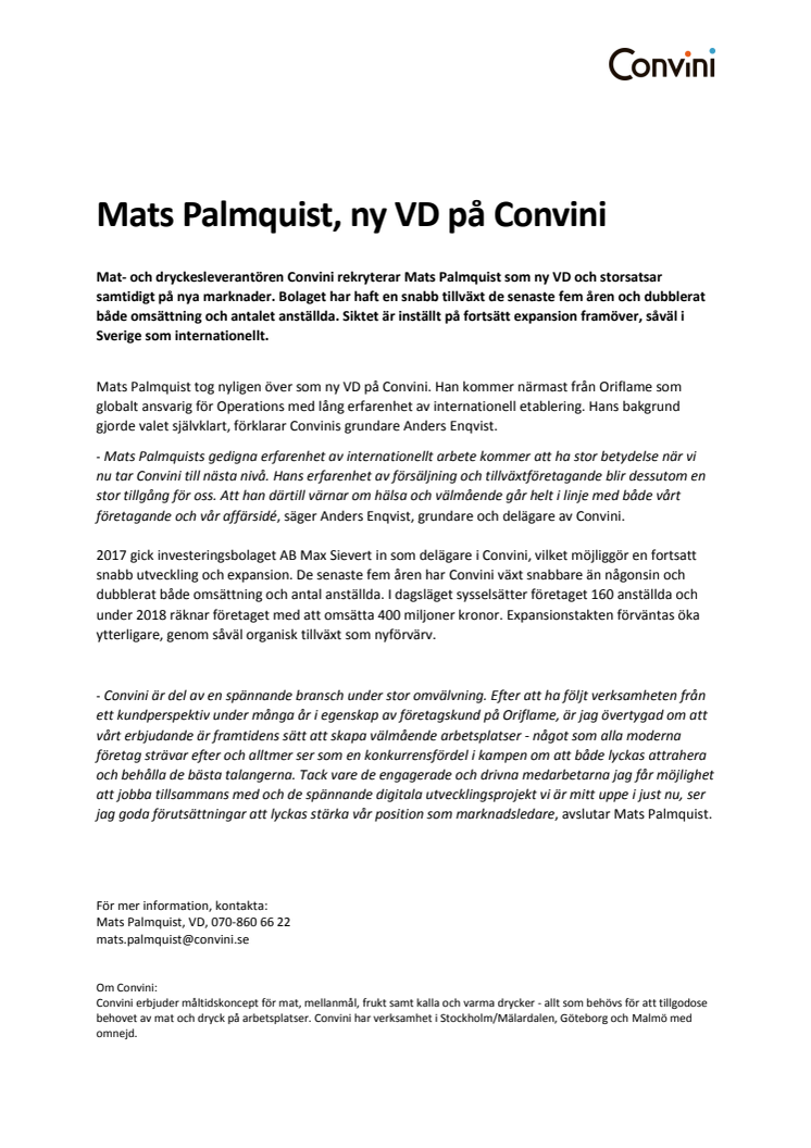 Mats Palmquist, ny VD på Convini
