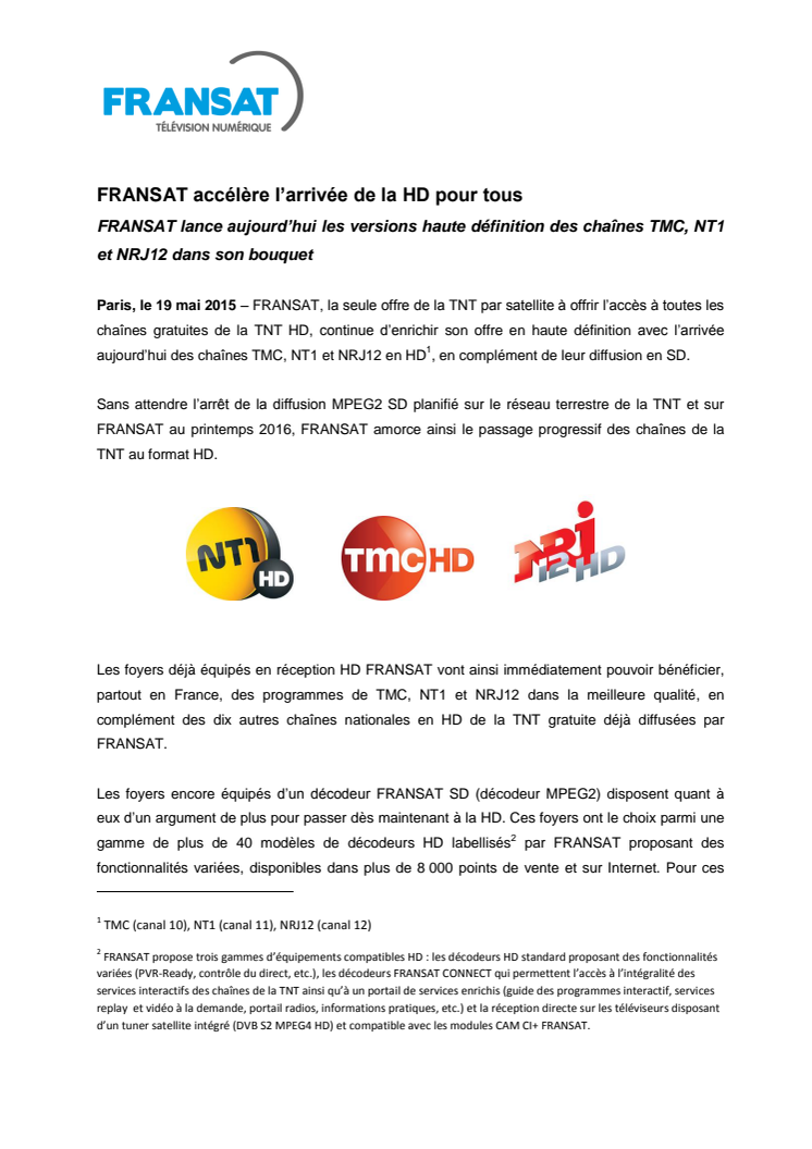 FRANSAT accélère l’arrivée de la HD pour tous 