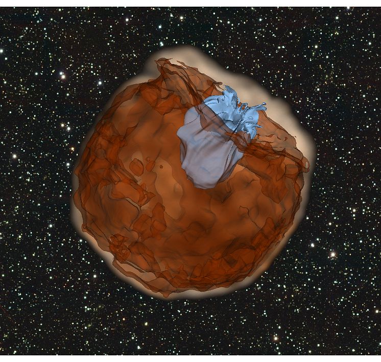 Image made out of a simulation of a Type Ia supernova explodes (as shown in the dark brown color). Courtesy of Dan  Kasen.