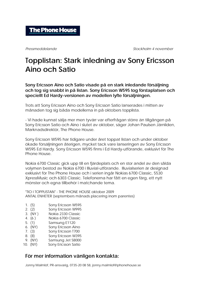 Topplistan: Stark inledning av Sony Ericsson Aino och Satio 