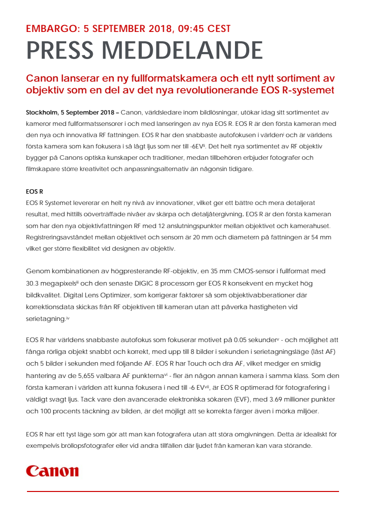 Canon lanserar en ny fullformatskamera och ett nytt sortiment av objektiv som en del av det nya revolutionerande EOS R-systemet 