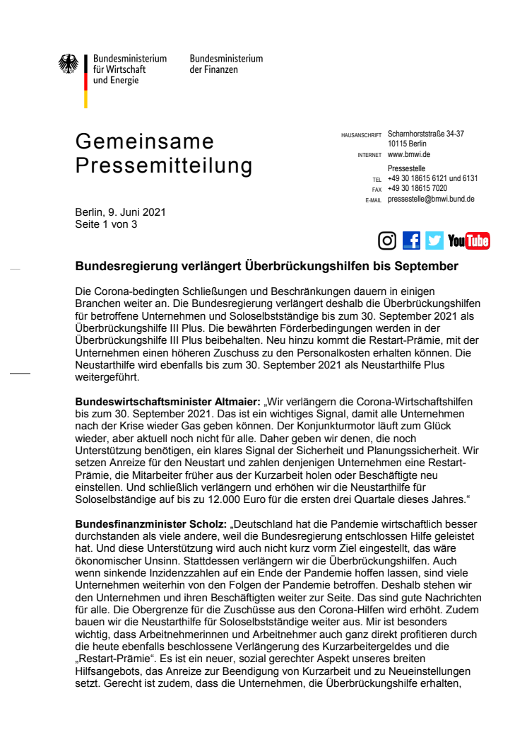 Pressemitteilung vom 09.06.2021 zu Überbrückungshilfen: Verlängerung bis 30.09.2021, Erhöhung der Obergrenze