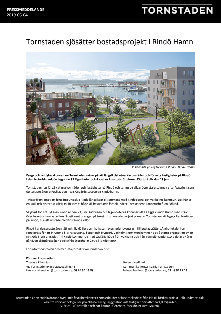 Tornstaden sjösätter bostadsprojekt i Rindö Hamn