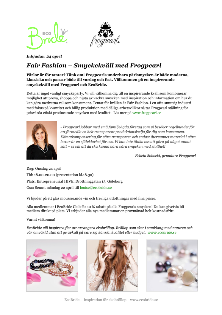 Inbjudan 24 april: Fair Fashion - Smyckekväll med Frogpearl och EcoBride