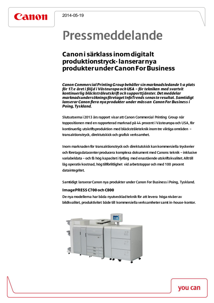 Canon i särklass inom digitalt produktionstryck- lanserar nya produkter under Canon For Business