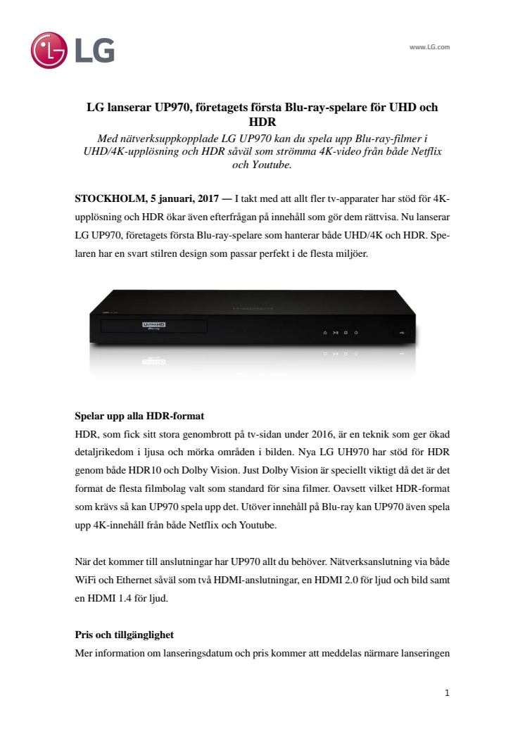 LG lanserar UP970, företagets första Blu-ray-spelare för UHD och HDR 
