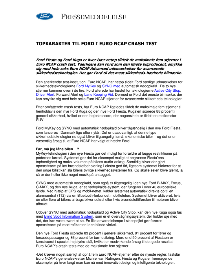 TOPKARAKTER TIL FORD I EURO NCAP CRASH TEST