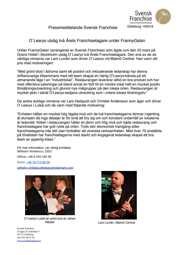 O ́Learys utsåg två Årets Franchisetagare under FrannyGalan