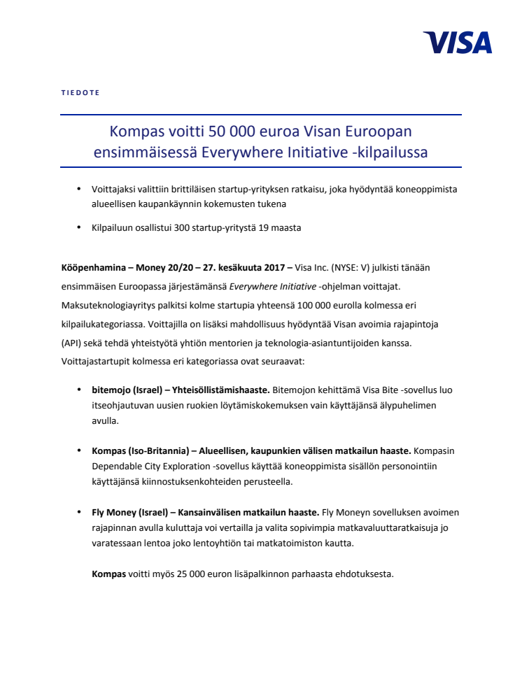 Kompas voitti 50 000 euroa Visan Euroopan ensimmäisessä Everywhere Initiative -kilpailussa