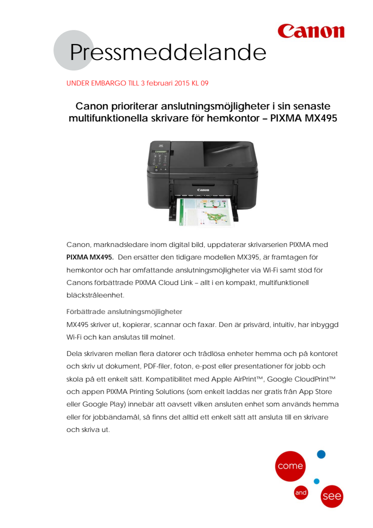 Canon prioriterar anslutningsmöjligheter i sin senaste multifunktionella skrivare för hemkontor – PIXMA MX495