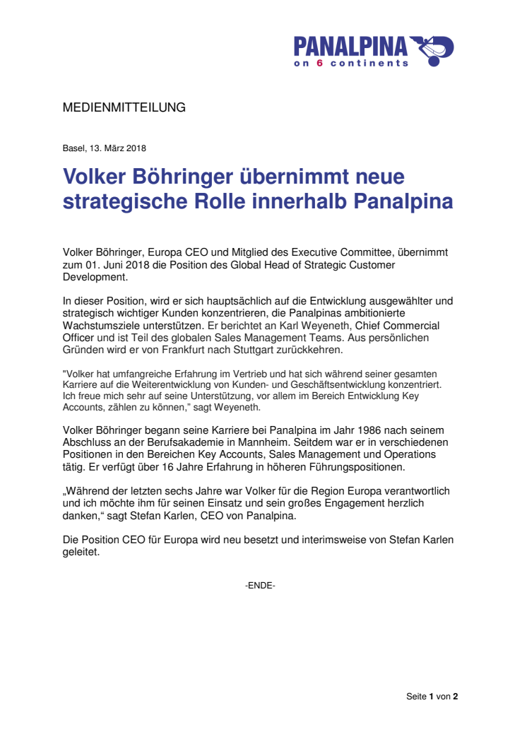 Volker Böhringer übernimmt neue strategische Rolle innerhalb Panalpina