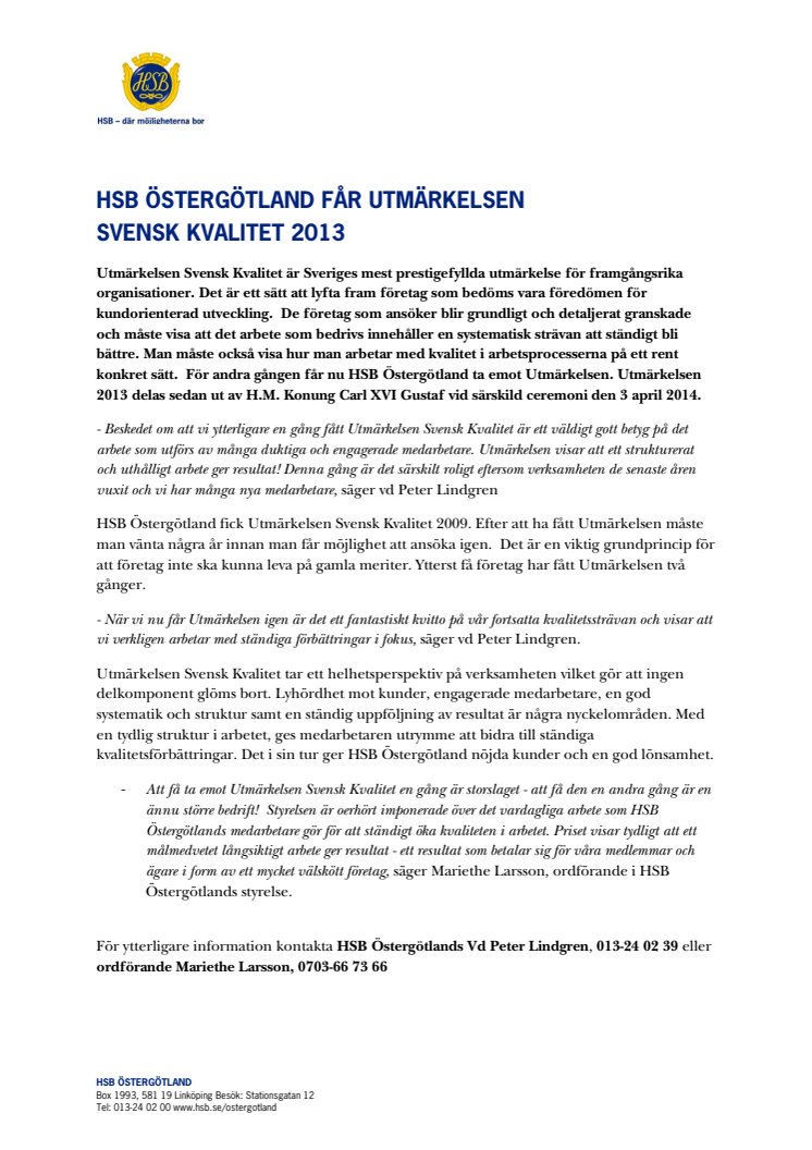 HSB Östergötland får Utmärkelsen Svensk Kvalitet 2013