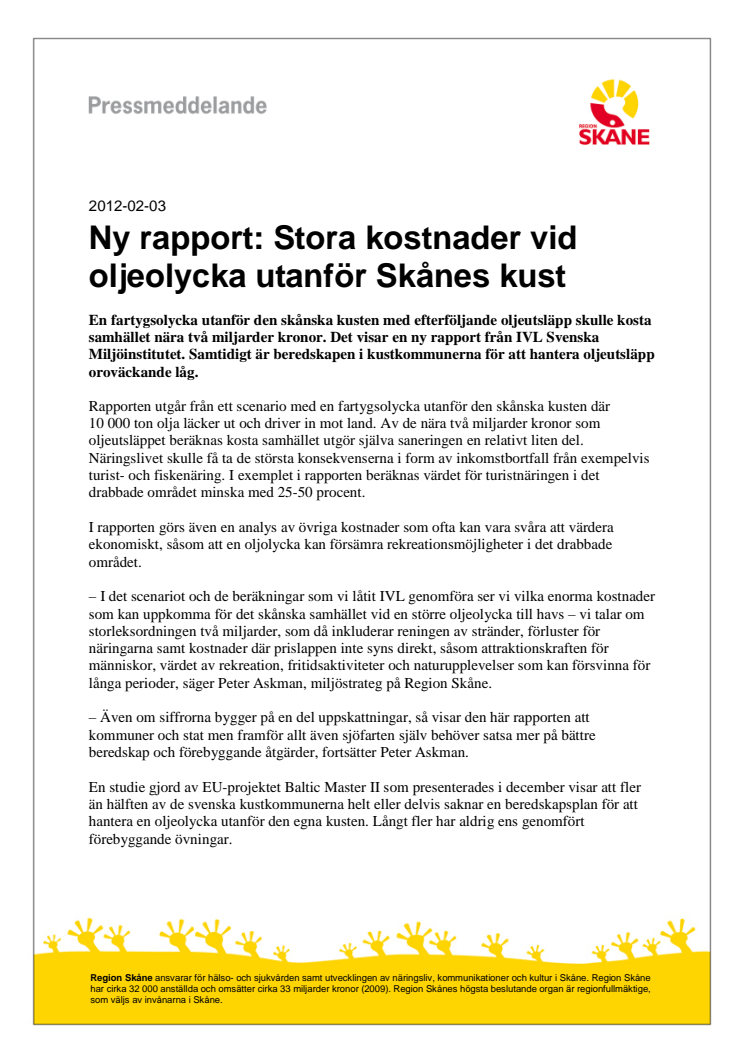 Ny rapport: Stora kostnader vid oljeolycka utanför Skånes kust