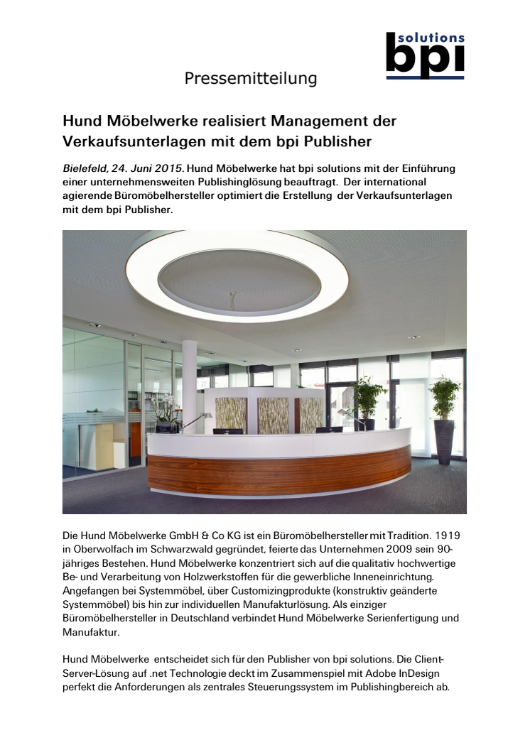 Hund Möbelwerke realisiert Management der Verkaufsunterlagen mit dem bpi Publisher