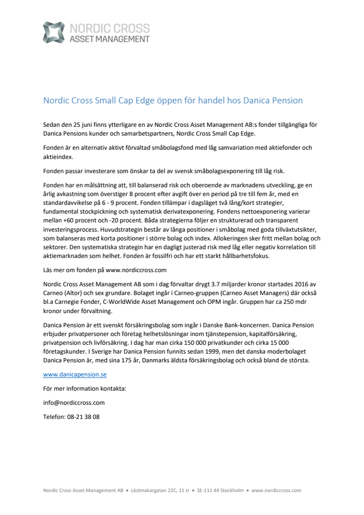 Nordic Cross Small Cap Edge öppen för handel hos Danica Pension