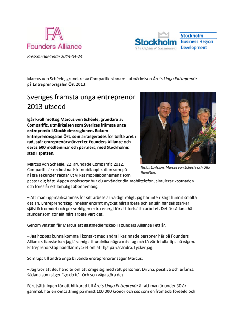 Sveriges främsta unga entreprenör 2013 utsedd