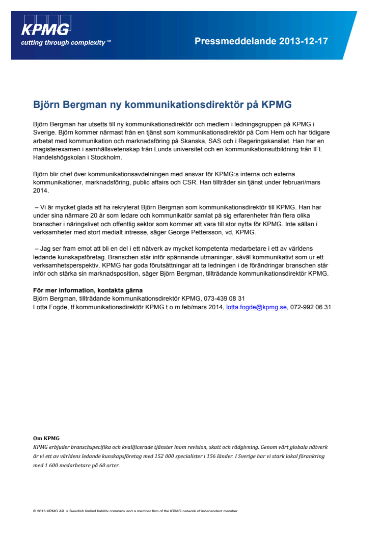 Björn Bergman ny kommunikationsdirektör på KPMG