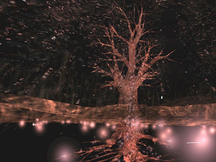 Fotografisk Center_ Char Davies. Tree Pond, Osmose (1995). Digital still captured in real-time through HMD (head-mounted display) during live performance of immersive virtual environment Osmose.