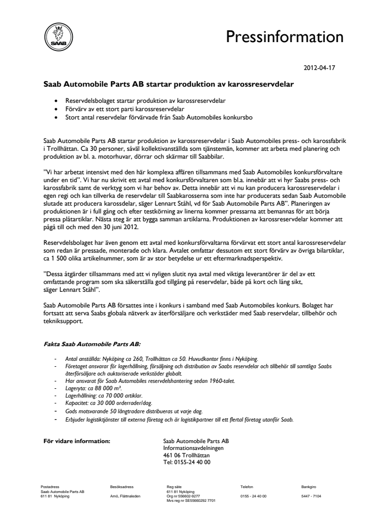 Saab Automobile Parts AB startar produktion av karossreservdelar