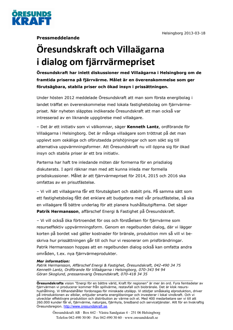 Öresundskraft och Villaägarna i dialog om fjärrvärmepriset