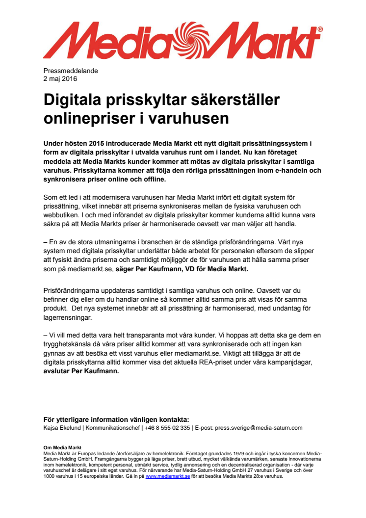 Digitala prisskyltar säkerställer onlinepriser i varuhusen