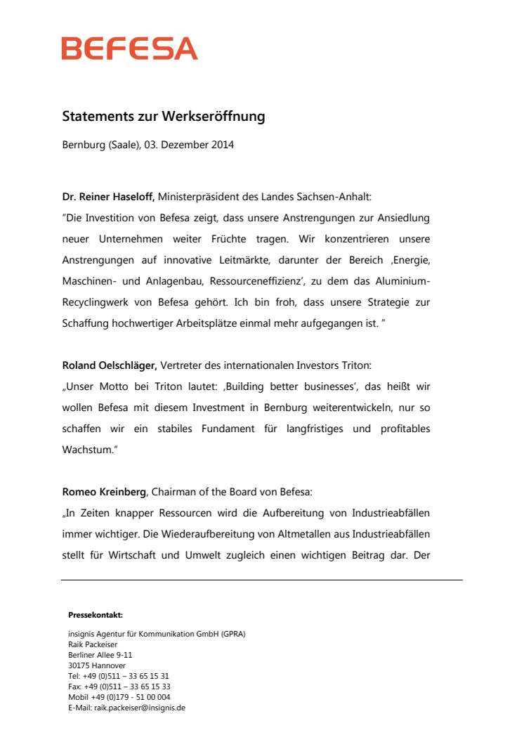 Befesa Werkseröffnung Statements