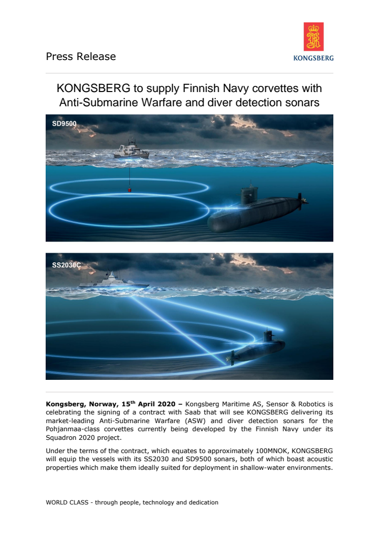 KONGSBERG to supply Finnish Navy corvettes with Anti-Submarine Warfare and diver detection sonars