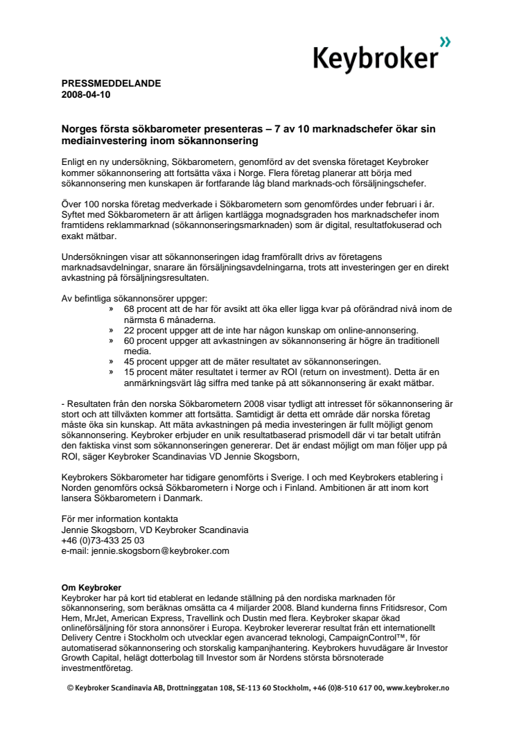 Norges första sökbarometer presenteras-7 av 10 marknadschefer ökar sin mediainvestering inom sökannonsering