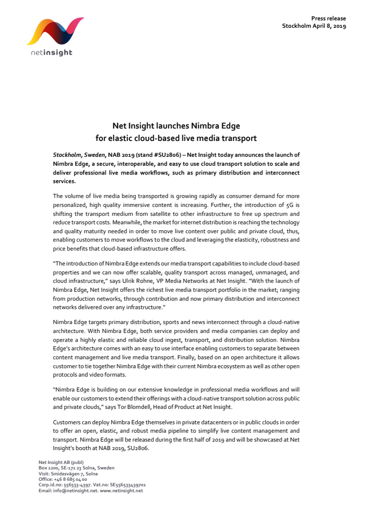 Net Insight launches Nimbra Edge  for elastic cloud-based live media transport