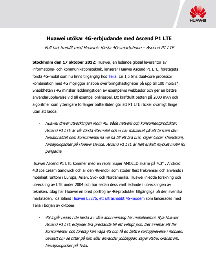 Huawei utökar 4G-erbjudande med Ascend P1 LTE