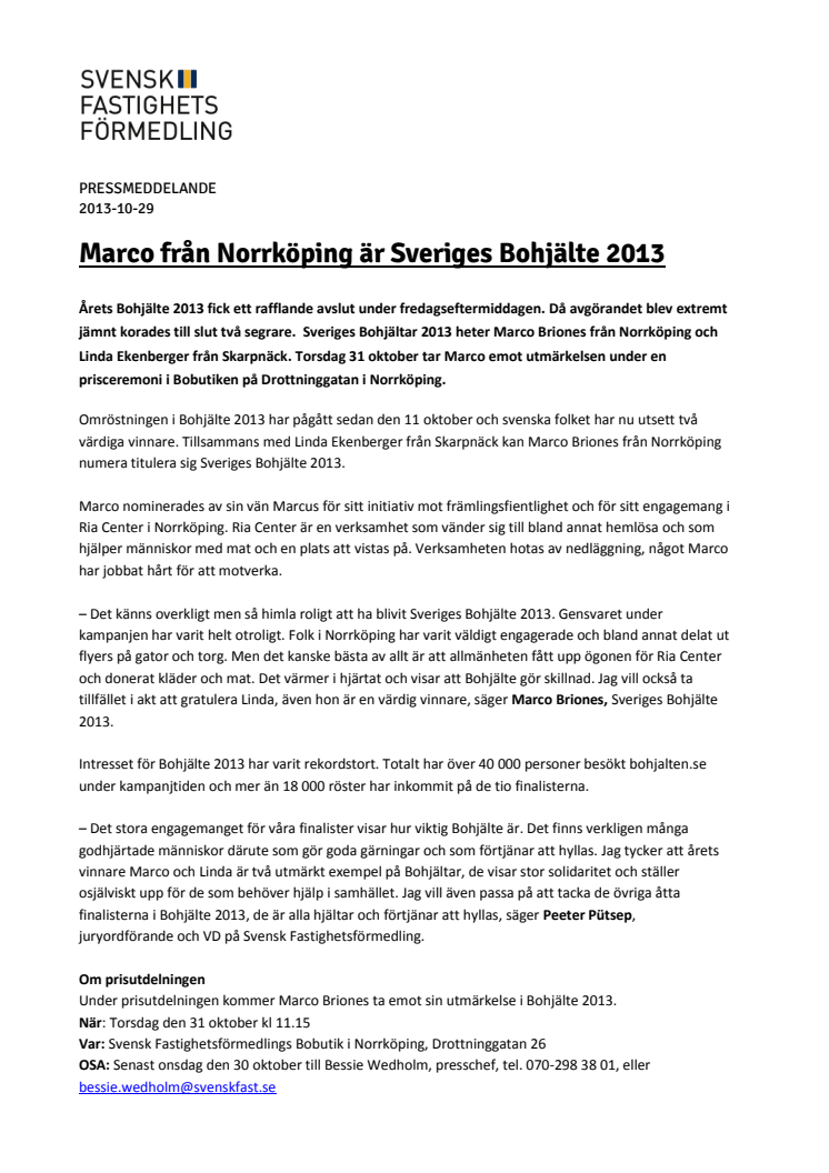 Marco från Norrköping är Sveriges Bohjälte 2013