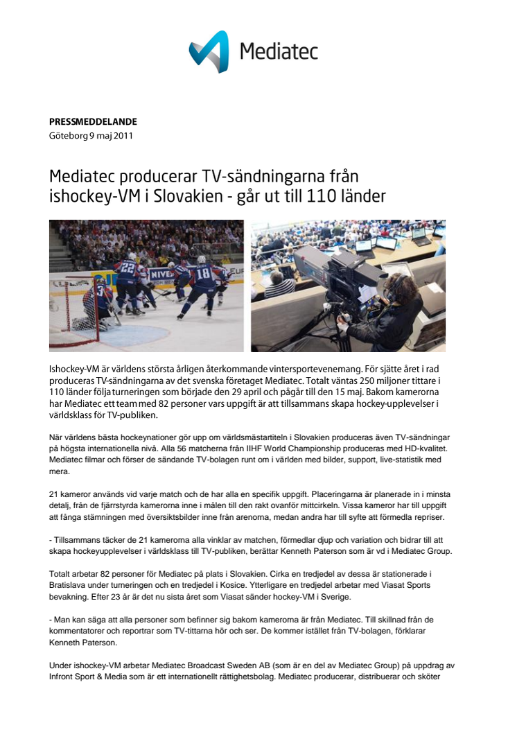 Mediatec producerar TV-sändningarna från ishockey-VM i Slovakien - går ut till 110 länder