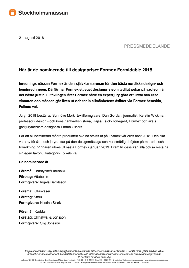 Här är de nominerade till designpriset Formex Formidable 2018