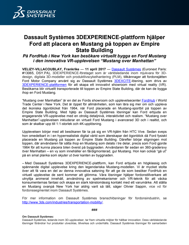 Dassault Systèmes 3DEXPERIENCE-plattform hjälper Ford att placera en Mustang på toppen av Empire State Building