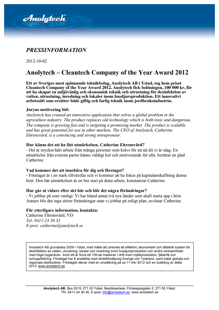 Anolytech - Cleantech Company of the Year Award 2012