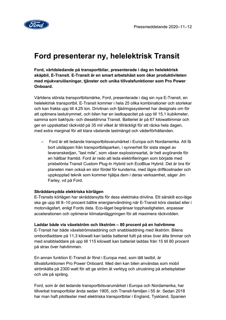 Ford presenterar ny, helelektrisk Transit