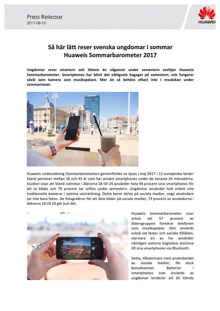 Huaweis Sommarbarometer 2017: Så här lätt reser svenska ungdomar i sommar