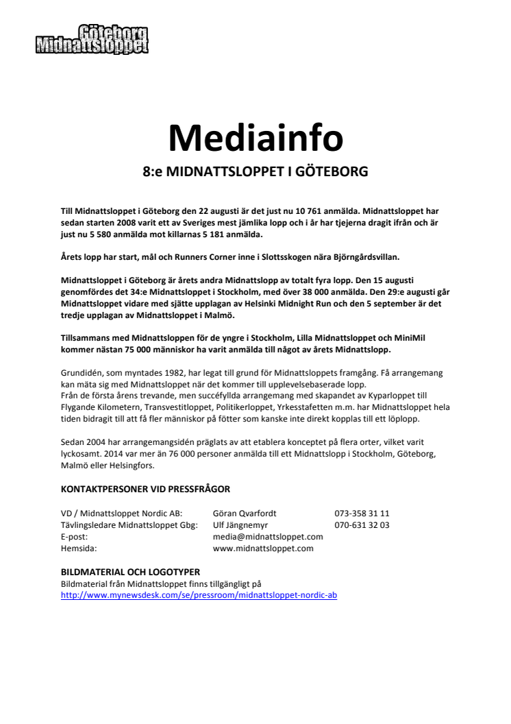 Mediainformation Midnattsloppet Göteborg 2015