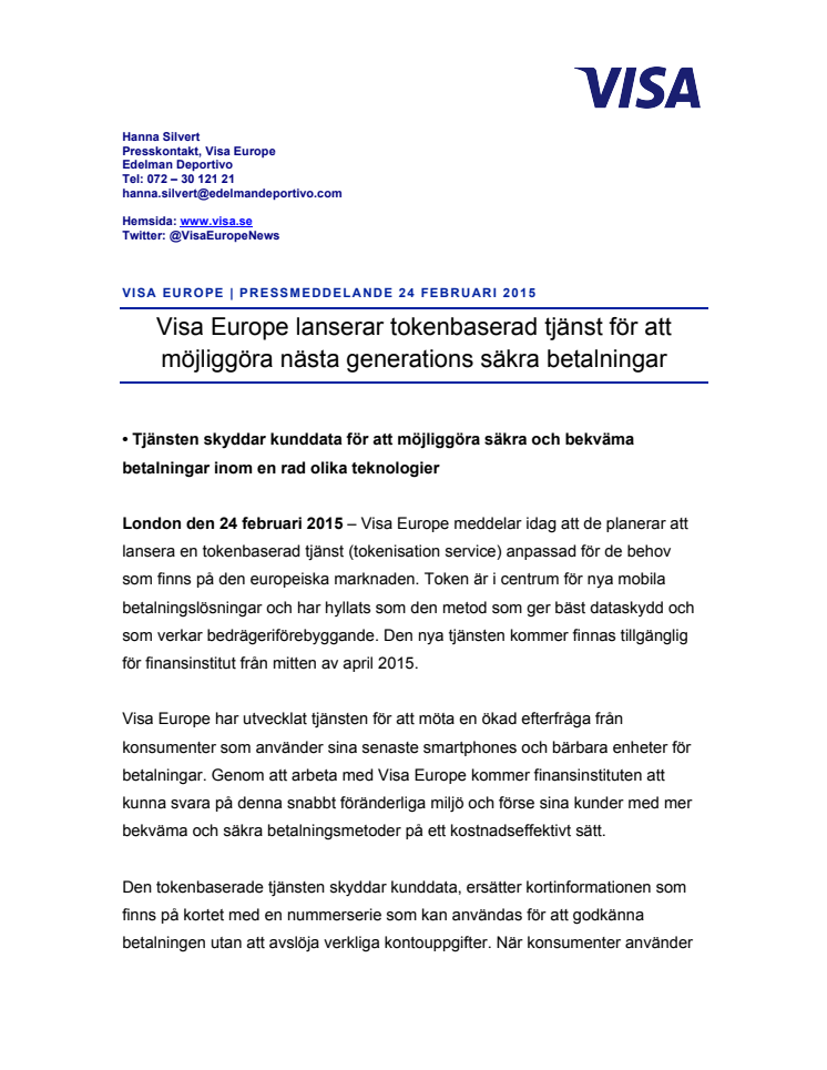 Visa Europe lanserar tokenbaserad tjänst för att möjliggöra nästa generations säkra betalningar