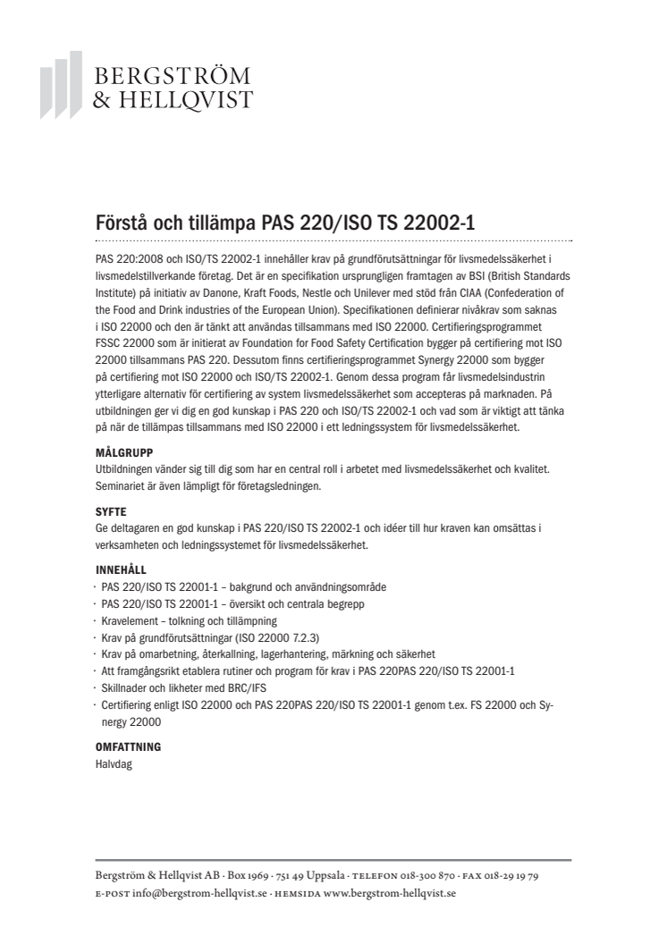 Förstå och tillämpa PAS 220 och ISO/TS 22002-1