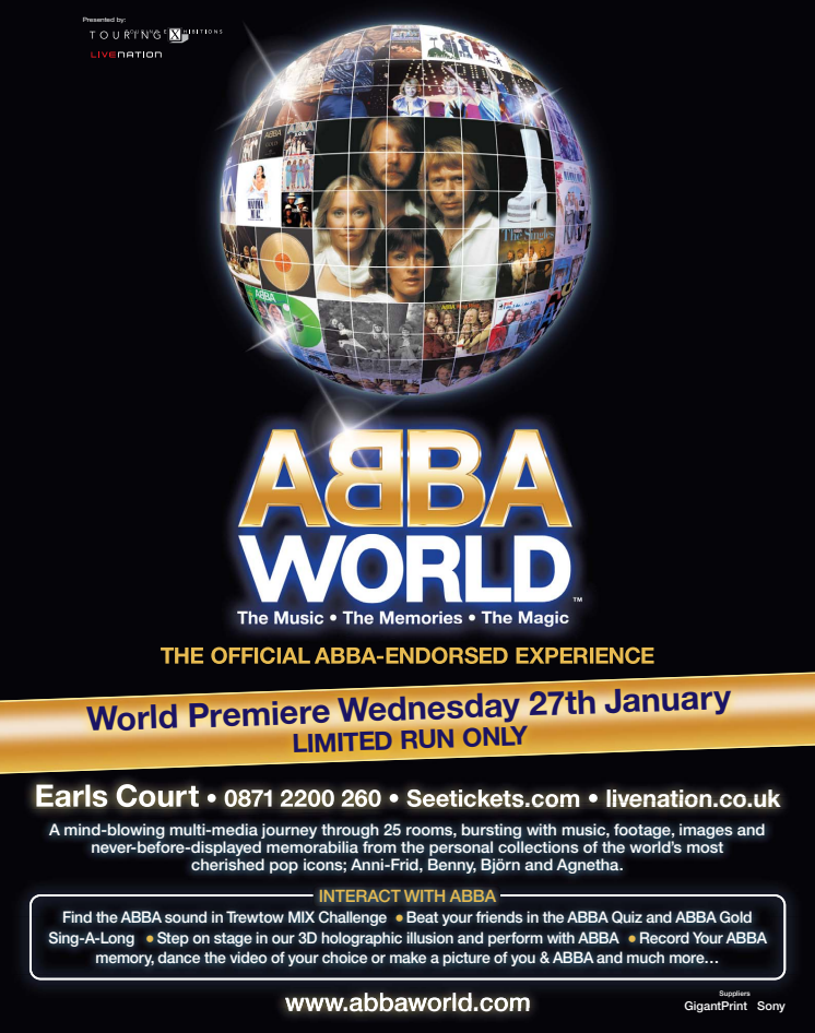 ABBAWORLD TO PREMIERE AT EARLS COURT ON 27th JANUARY. 