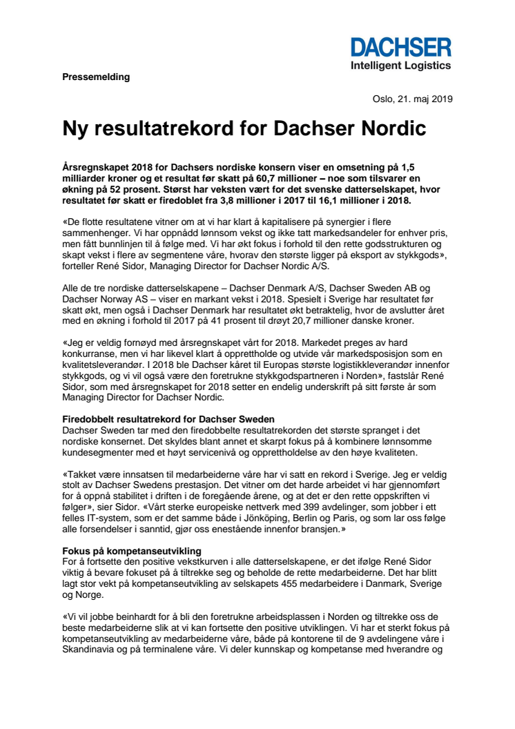 Ny resultatrekord for Dachser Nordic