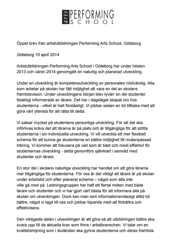 Öppet brev från artistutbildningen Performing Arts School, Göteborg
