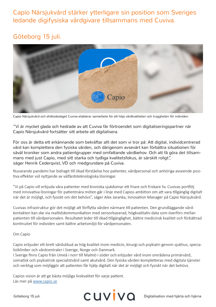 Capio Närsjukvård stärker ytterligare sin position som Sveriges ledande digifysiska vårdgivare tillsammans med Cuviva.