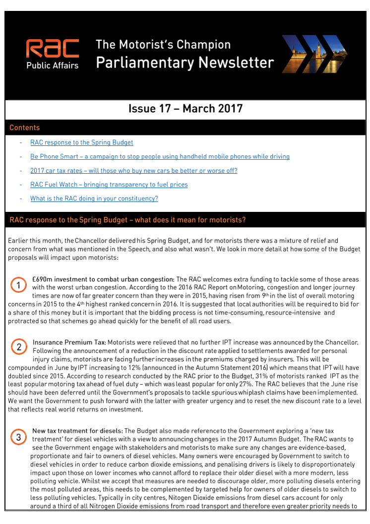 RAC Parliamentary Newsletter #17 - March 2017