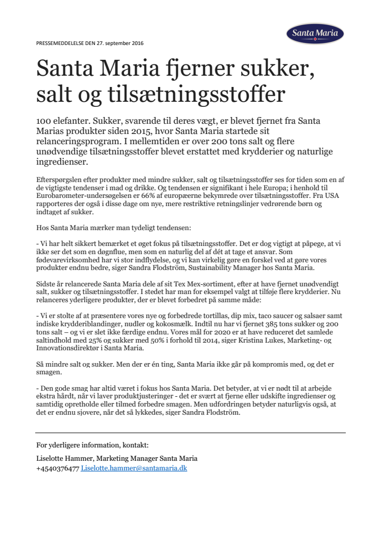 Santa Maria fjerner sukker, salt og tilsætningsstoffer